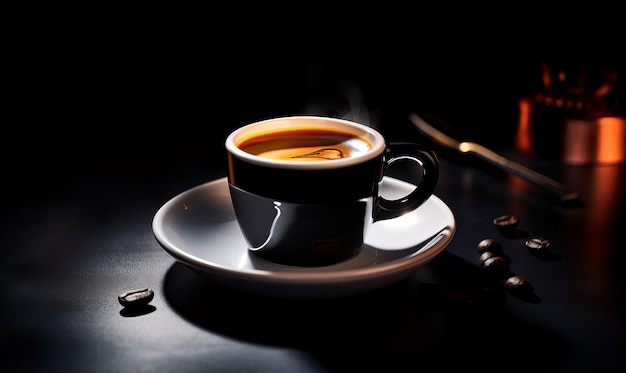 Tasse de café crémeux chaud dans une tasse noire sur une soucoupe Grains de café sur le tableau noir autour de l'IA générative