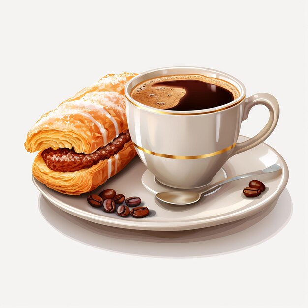 une tasse de café et un croissant sur une assiette avec du café et du café