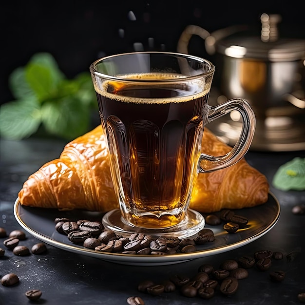 Une tasse de café et un croissant sur fond sombre