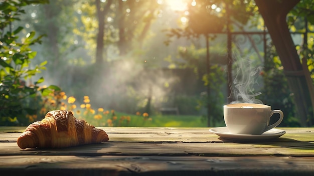 une tasse de café et un croissant sur une table