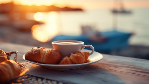 Photo une tasse de café et des croissants sur une assiette generative ai art