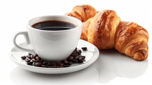 Tasse de café et croissants avec des grains de café sur fond blanc ai générative