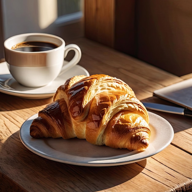 Une tasse de café et des croissants.