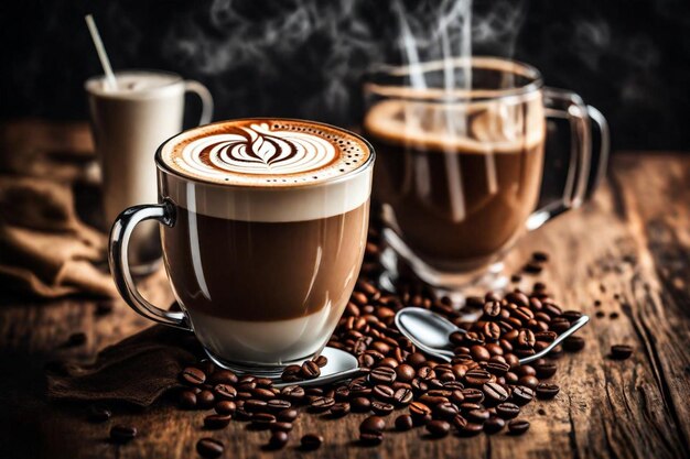 une tasse de café avec une cuiller et une cuillère sur une table