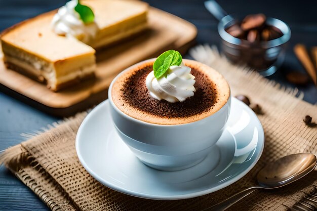 une tasse de café avec une cuillère et une assiette de desserts