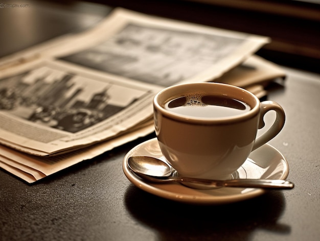 Une tasse de café avec une cuillère sur une assiette photo vintage classique générée par AI