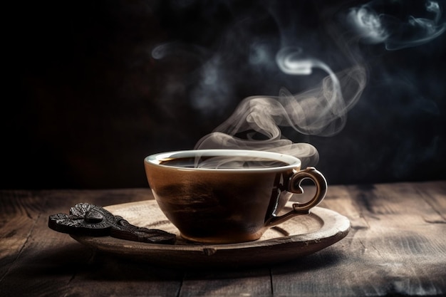 Une tasse de café avec une cuillère en bois sur une table en bois.