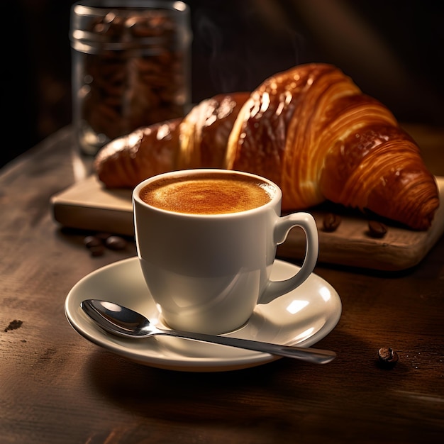 Une tasse de café avec une cuillère à côté d'un croissant.