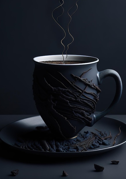 une tasse de café avec une cuillère et des grains de café sur le côté