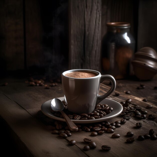 Une tasse de café avec une cuillère sur une table en bois.