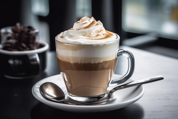 Une tasse de café avec une cuillère sur une table