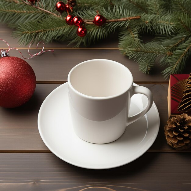 Une tasse de café avec une décoration de Noël sur fond de bois