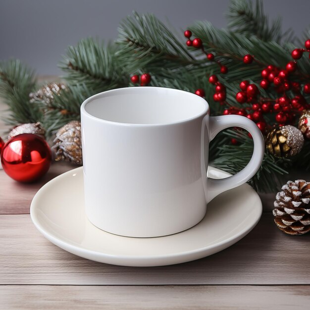 Une tasse de café avec une décoration de Noël sur fond de bois