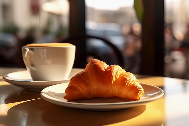 Photo une tasse de café délicieux et un croissant sur la table du café.