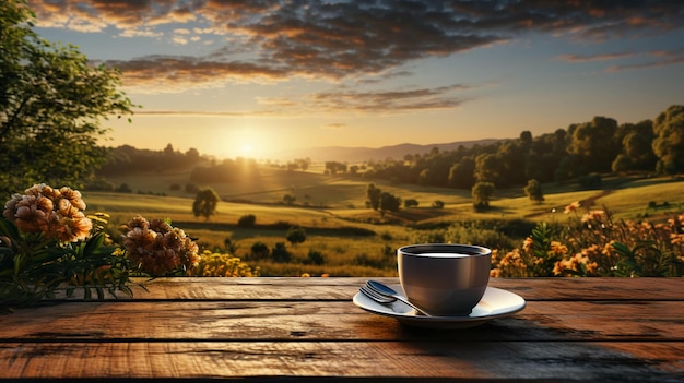 Une tasse de café délicieux sur une table en bois sur fond de nature au coucher du soleil