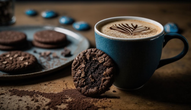 Une tasse de café avec du chocolat à côté