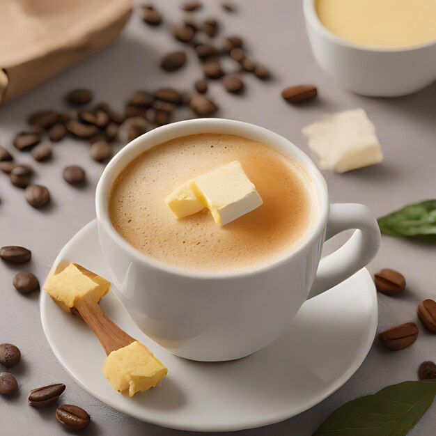 Photo une tasse de café avec du fromage et des grains de café sur une table