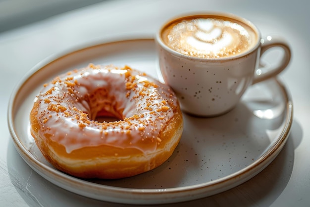 Une tasse de café avec du latte avec des beignets sur une table en bois et la lumière du soleil du matin