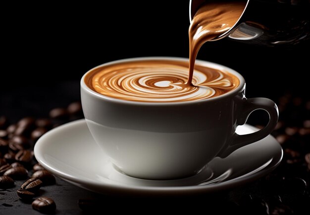 Une tasse de café avec du latte sur fond en bois noir
