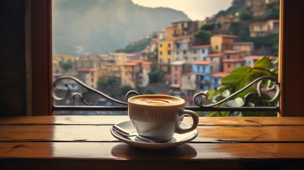 Tasse de café du matin sur le rebord de la fenêtre et vent ouvert