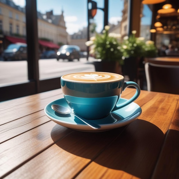 Une tasse de café du matin sur une table en bois dans un café de rue