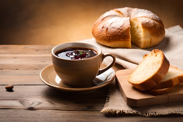 Une tasse de café avec du pain sur une table