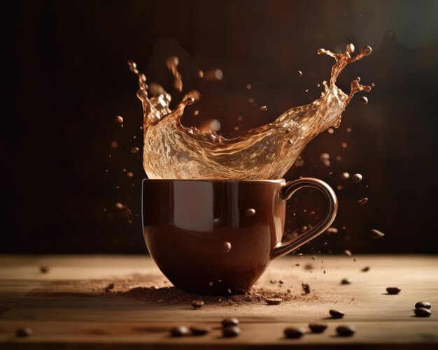 Tasse de café avec des éclaboussures de café et des grains de café sur fond sombre de studio