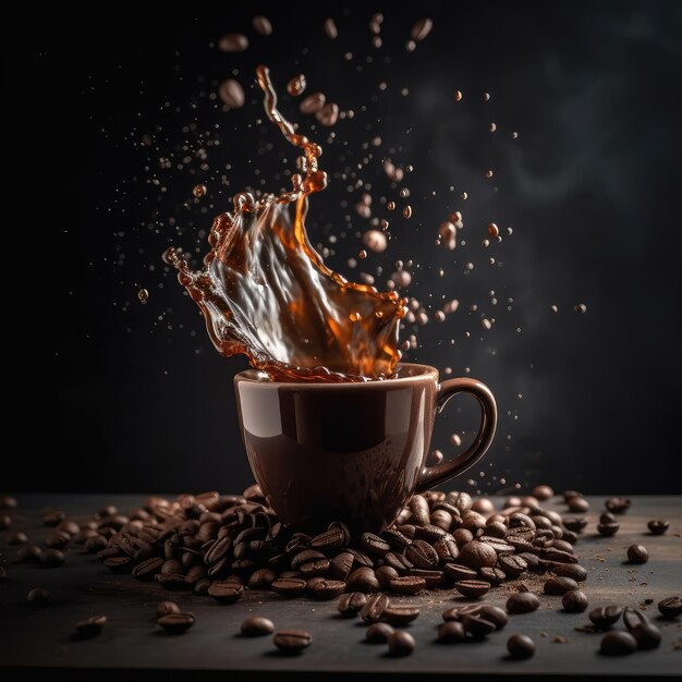 Tasse de café avec des éclaboussures de café et des grains de café sur fond sombre de studio