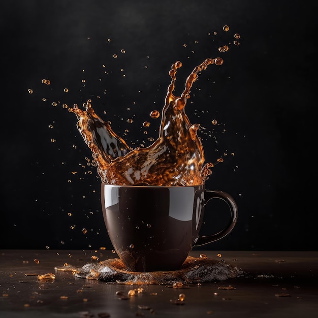 Tasse de café avec des éclaboussures de café et des grains de café sur fond sombre de studio