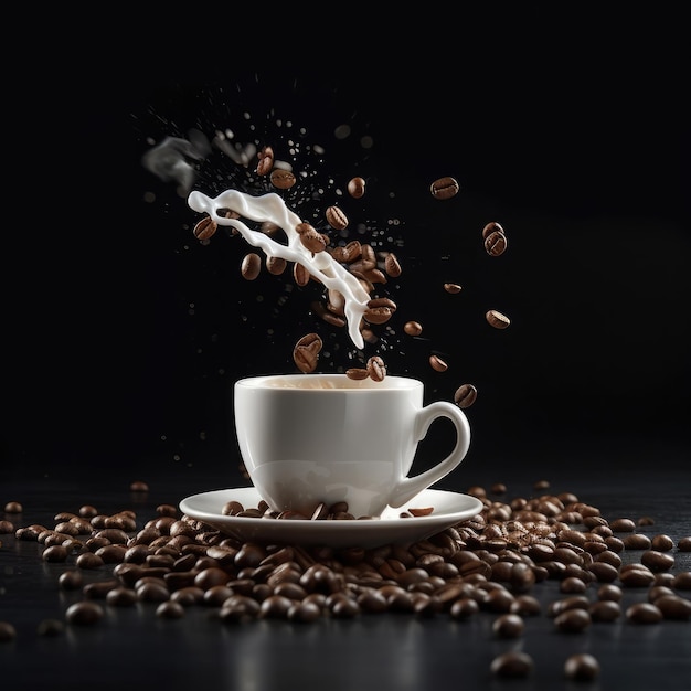 Tasse de café avec des éclaboussures de café et des grains de café sur fond sombre de studio