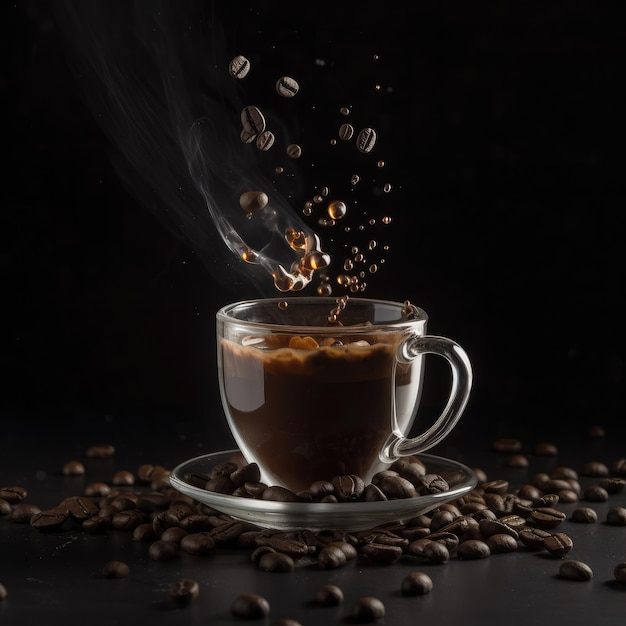 Tasse de café avec des éclaboussures de café et des grains de café sur fond sombre de studio