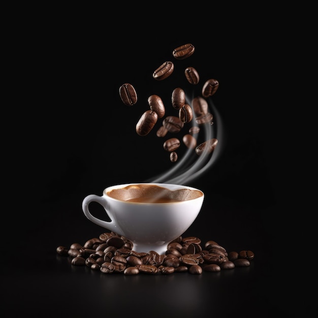 Tasse de café avec des éclaboussures de café et des grains de café sur fond sombre de studio