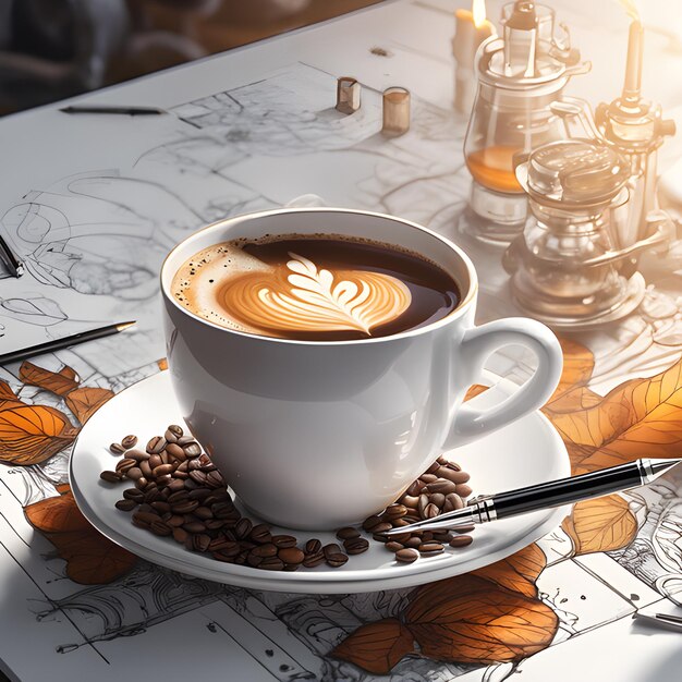 Photo tasse de café avec des éclaboussures de café et des grains de café