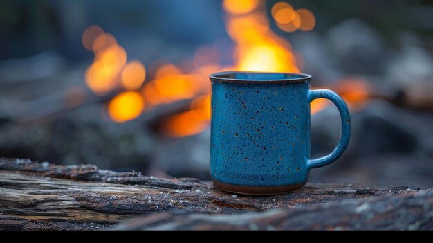 Photo une tasse de café en émail bleu exhale de la chaleur près d'un feu de camp allumé sur un vieux tronc de bois.