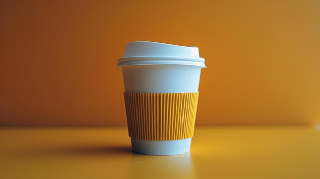Une tasse de café à emporter se dresse audacieusement sur un fond orange vibrant