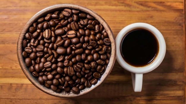 une tasse de café entourée de grains de café café mexicain