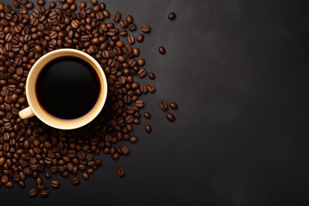 Une tasse de café entourée de grains de café