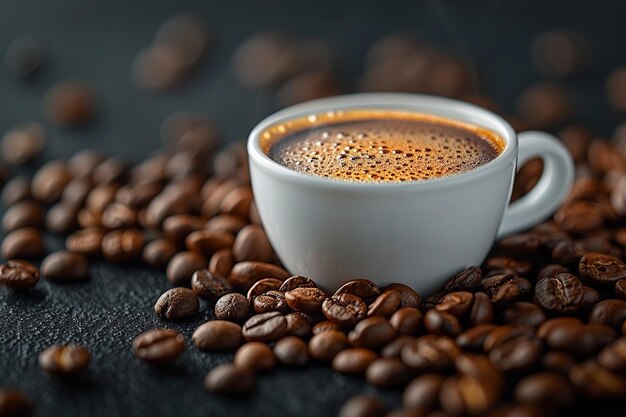 Une tasse de café entourée de grains de café