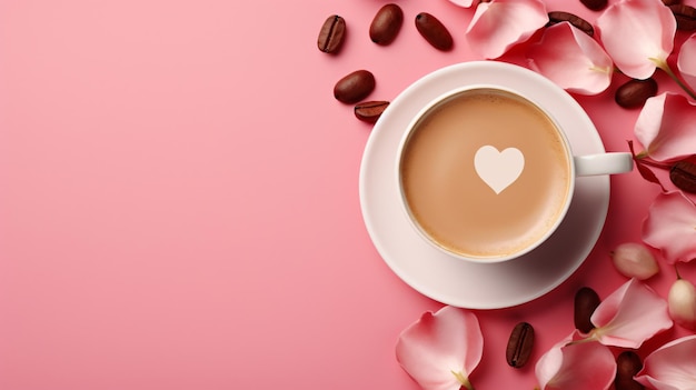 Tasse de café entourée de pétales de pétales de rose