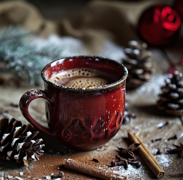 Une tasse de café avec des épices et des cônes de pin