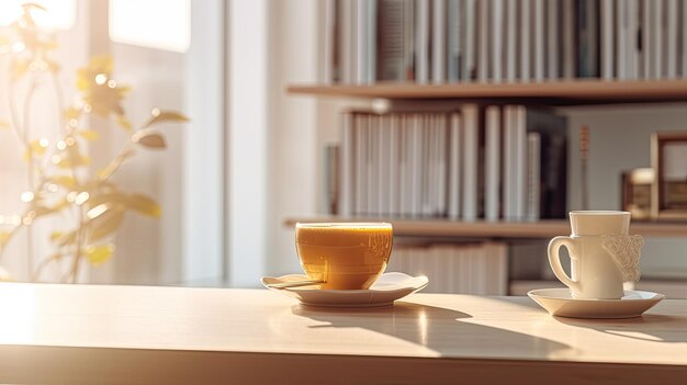 Une tasse de café est assise sur une étagère avec des livres