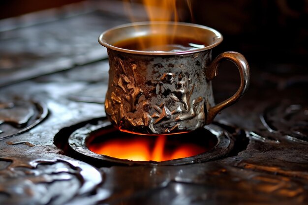 Une tasse de café est assise sur un feu