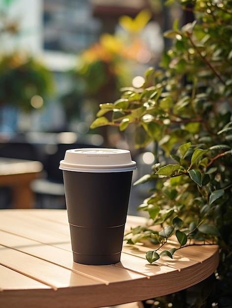 une tasse de café est assise sur une table en bois