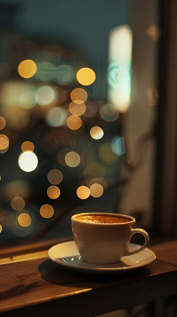 Une tasse de café est assise sur une table devant une fenêtre.