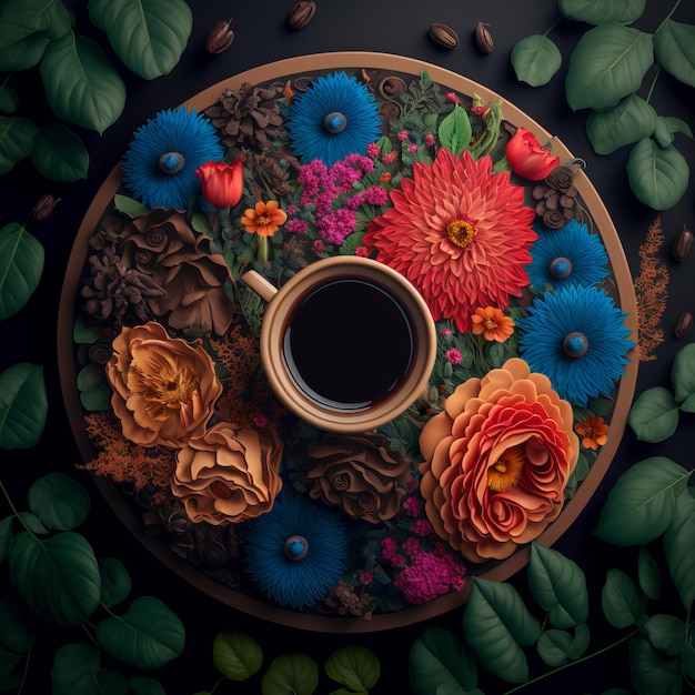 Une tasse de café est posée sur une assiette entourée de fleurs et de feuilles.