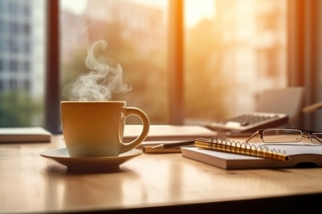 Une tasse de café est posée sur un bureau avec un cahier et un stylo.