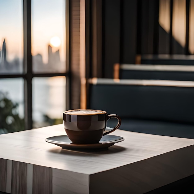 Une tasse de café est posée sur une petite table devant une fenêtre avec un horizon urbain en arrière-plan.