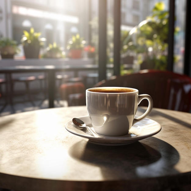 Une tasse de café est posée sur une petite table ronde devant une fenêtre.