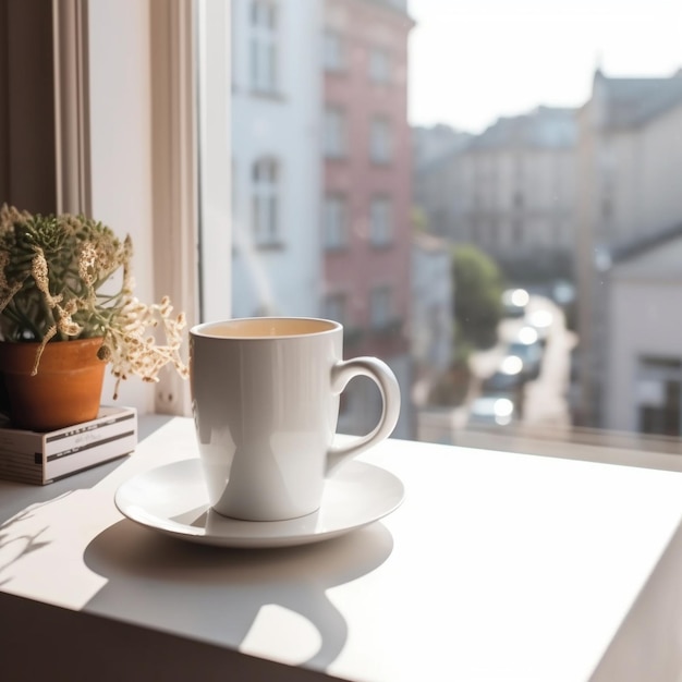 une tasse de café est posée sur le rebord d'une fenêtre à côté d'un livre.