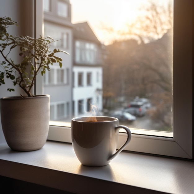 Une tasse de café est posée sur un rebord de fenêtre à côté d'une plante.